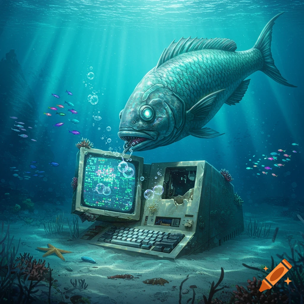 A large, menacing fish with glowing eyes hovers over a vintage computer sunken on the ocean floor, blowing bubbles from its mouth. Smaller fish and coral are visible in the blue water.