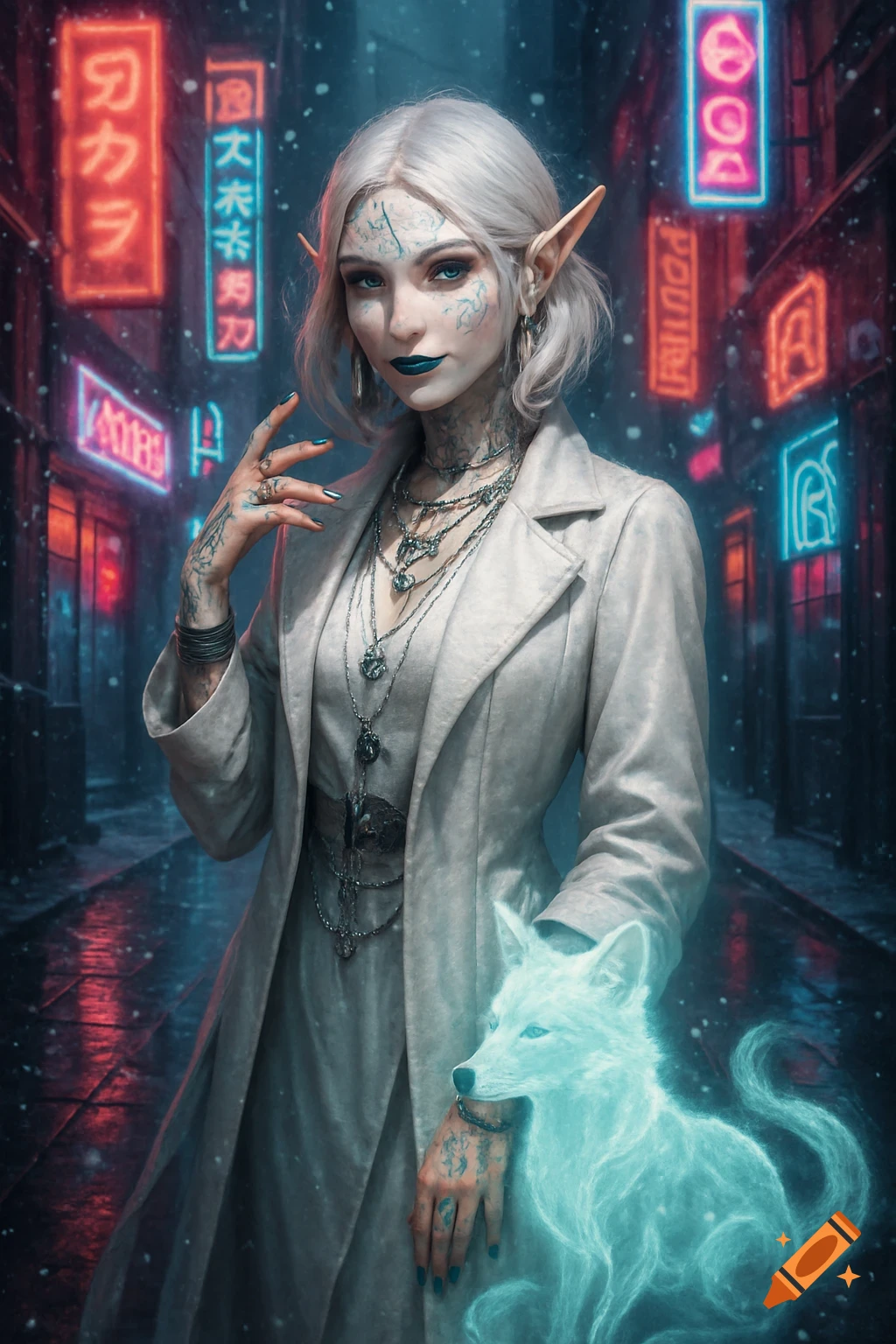 A pale-skinned elven woman with platinum hair and rune tattoos stands in a snow-dusted cyberpunk alley, glowing neon signs reflecting on the wet ground. A translucent blue fox spirit sits beside her.