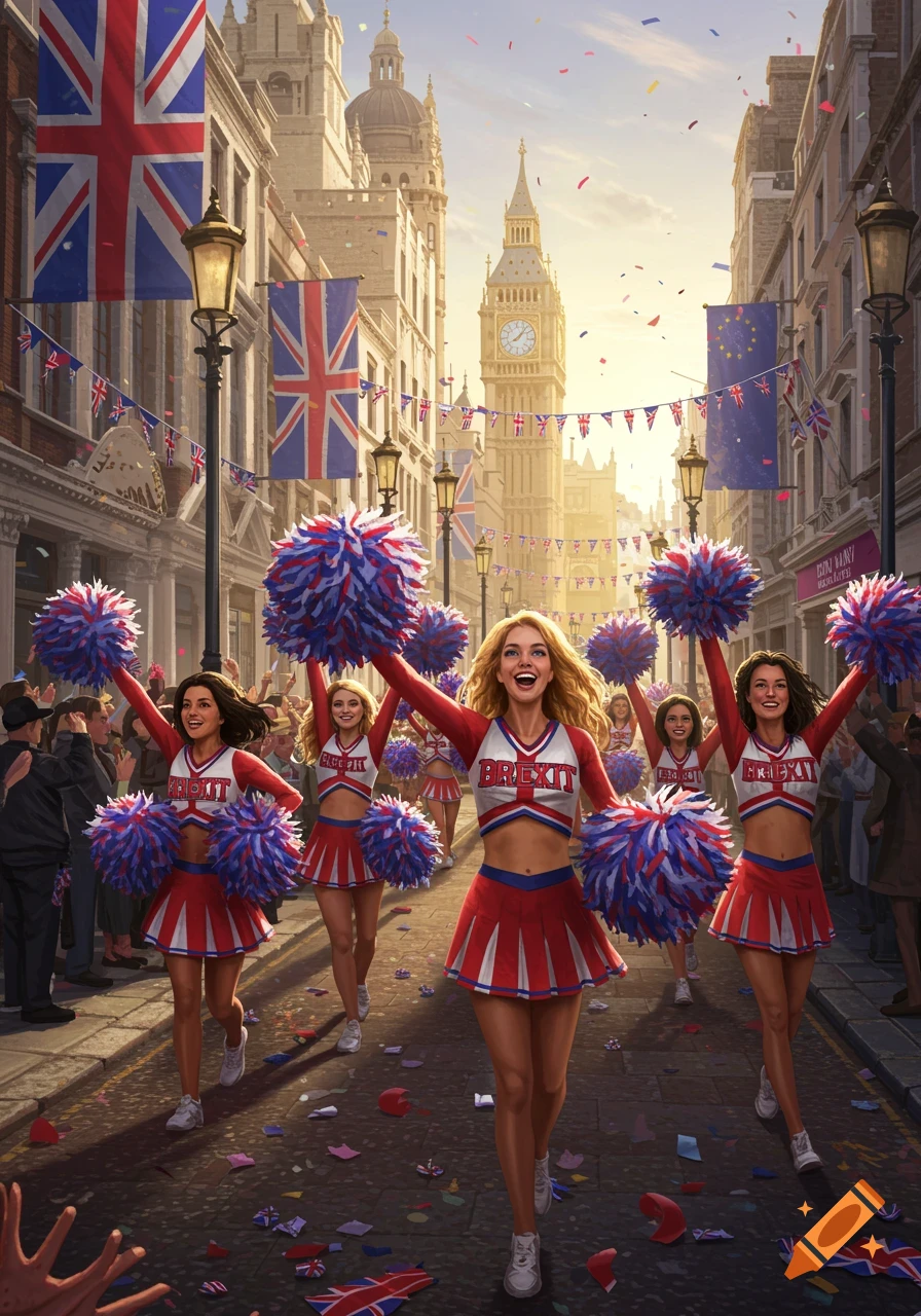 Cheerleaders march down a London street adorned with Union Jack flags, confetti, and Big Ben in the background.