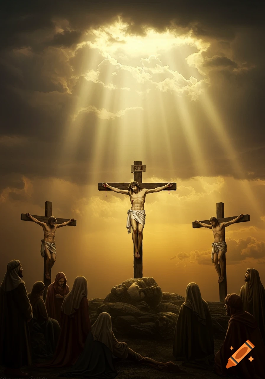 Jesus Christ and two others are crucified on three crosses on a hill under a dramatic, ray-filled sky, with figures observing below.