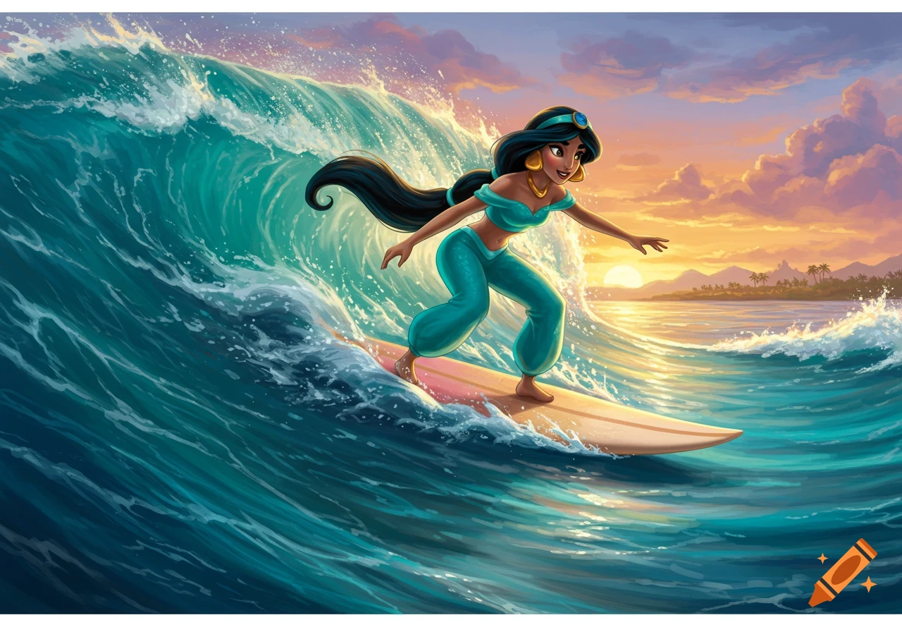 Princess Jasmine surfs a large wave at sunset in a vibrant animated style.