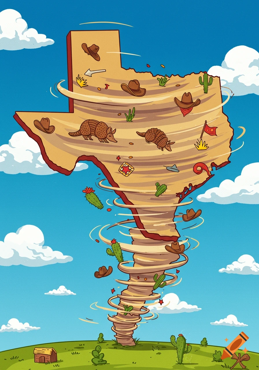 Cartoon illustration of a tornado shaped like the state of Texas, with cowboy hats, armadillos, and cacti swirling in the wind over a green field.