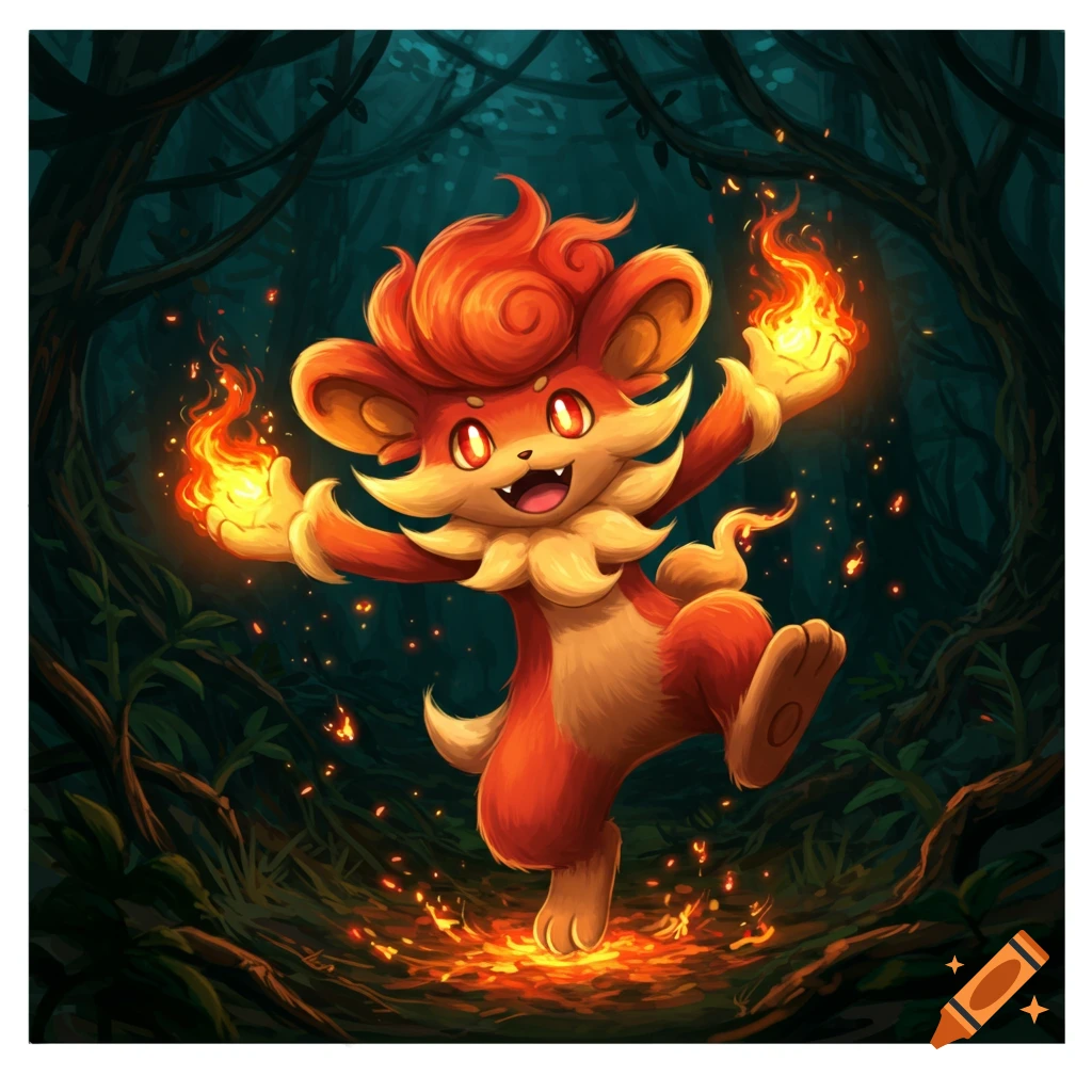 A vibrant, cartoonish orange creature resembling Simisear with fiery hair holds glowing flames in its hands, standing in a dark, stylized forest.