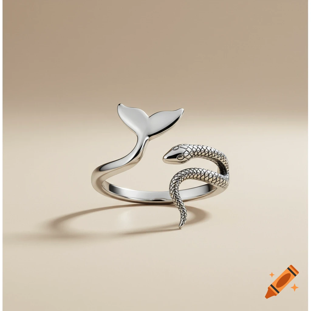 A minimalistic silver ring featuring a whale tail on one end and a snake on the other, on a soft neutral background.