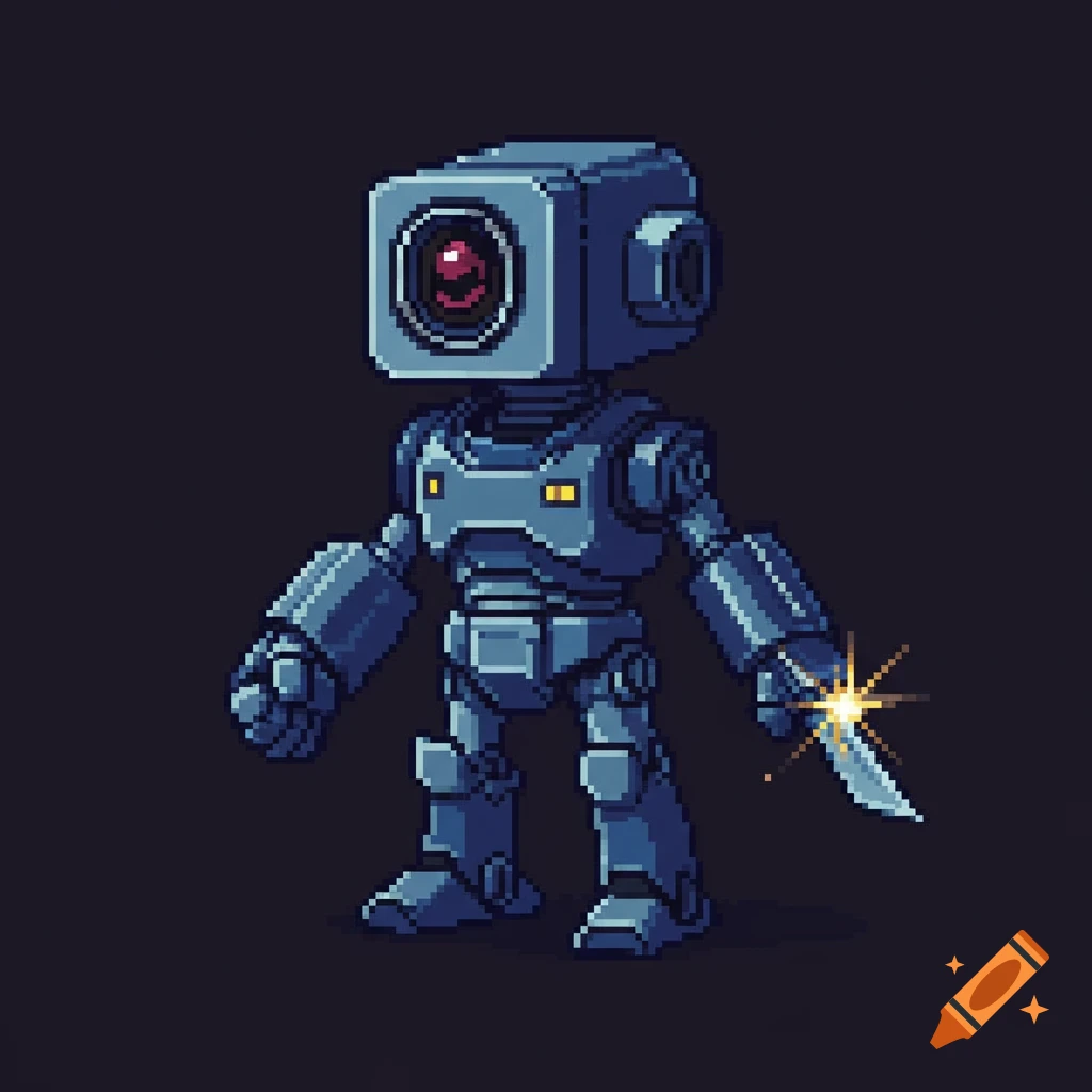 A pixel art robot with a camera for a head, dark blue body, holding a glowing knife in its right hand.