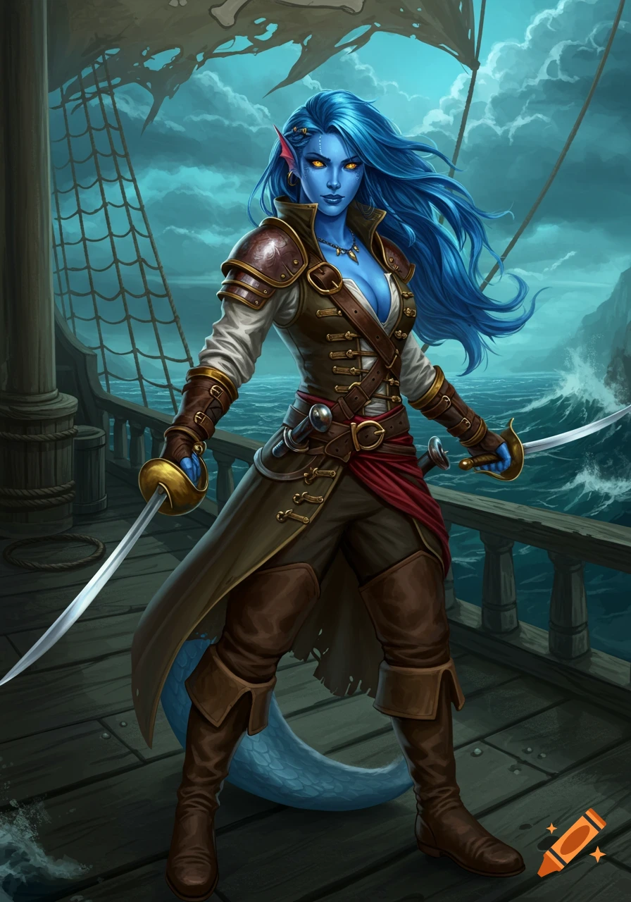 A blue-skinned, blue-haired female triton pirate stands on a ship deck, holding two swords, against a stormy sea backdrop in a fantasy art style.