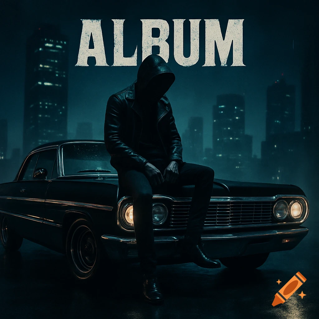 A person in a black hoodie and leather jacket sits on the hood of a black classic car at night, with a city skyline in the background and the word "ALBUM" above.
