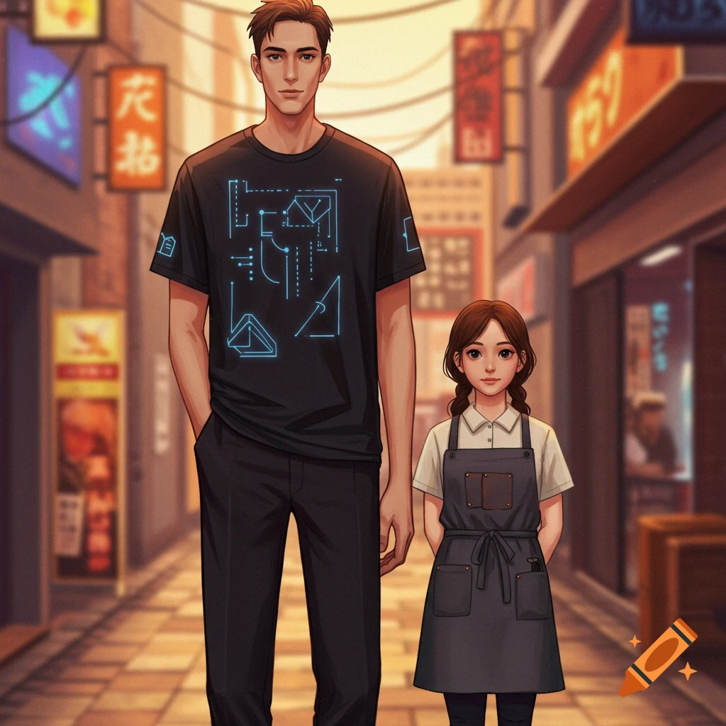 An anime-style image of a tall man in a futuristic t-shirt standing next to a small girl in an apron on a street.