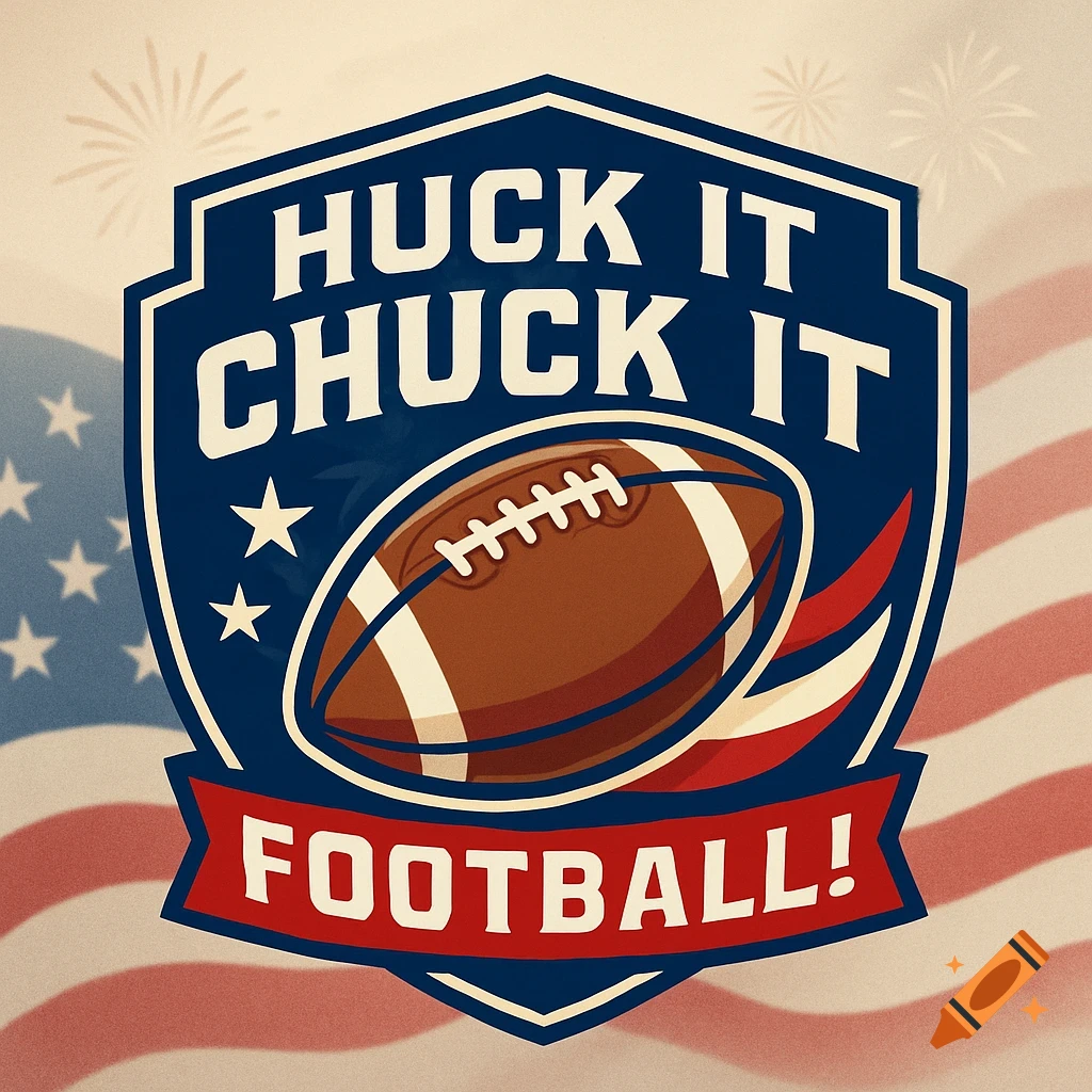 A patriotic fantasy football logo featuring a football within a shield, stars, and stripes. Text reads "Huck It Chuck It Football!". Waving American flag background.