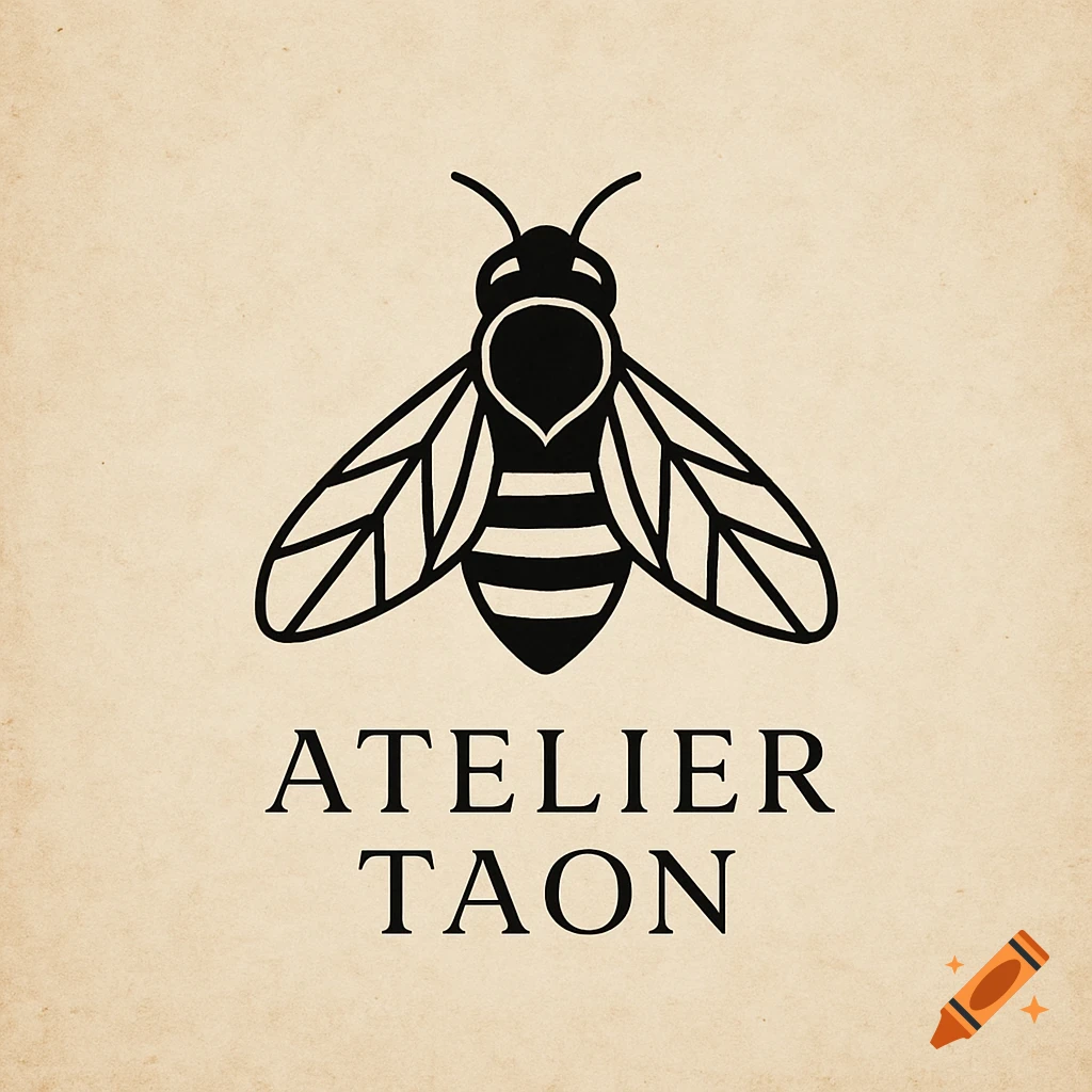 Black bee logo with 'ATELIER TAON' text on a beige textured background.
