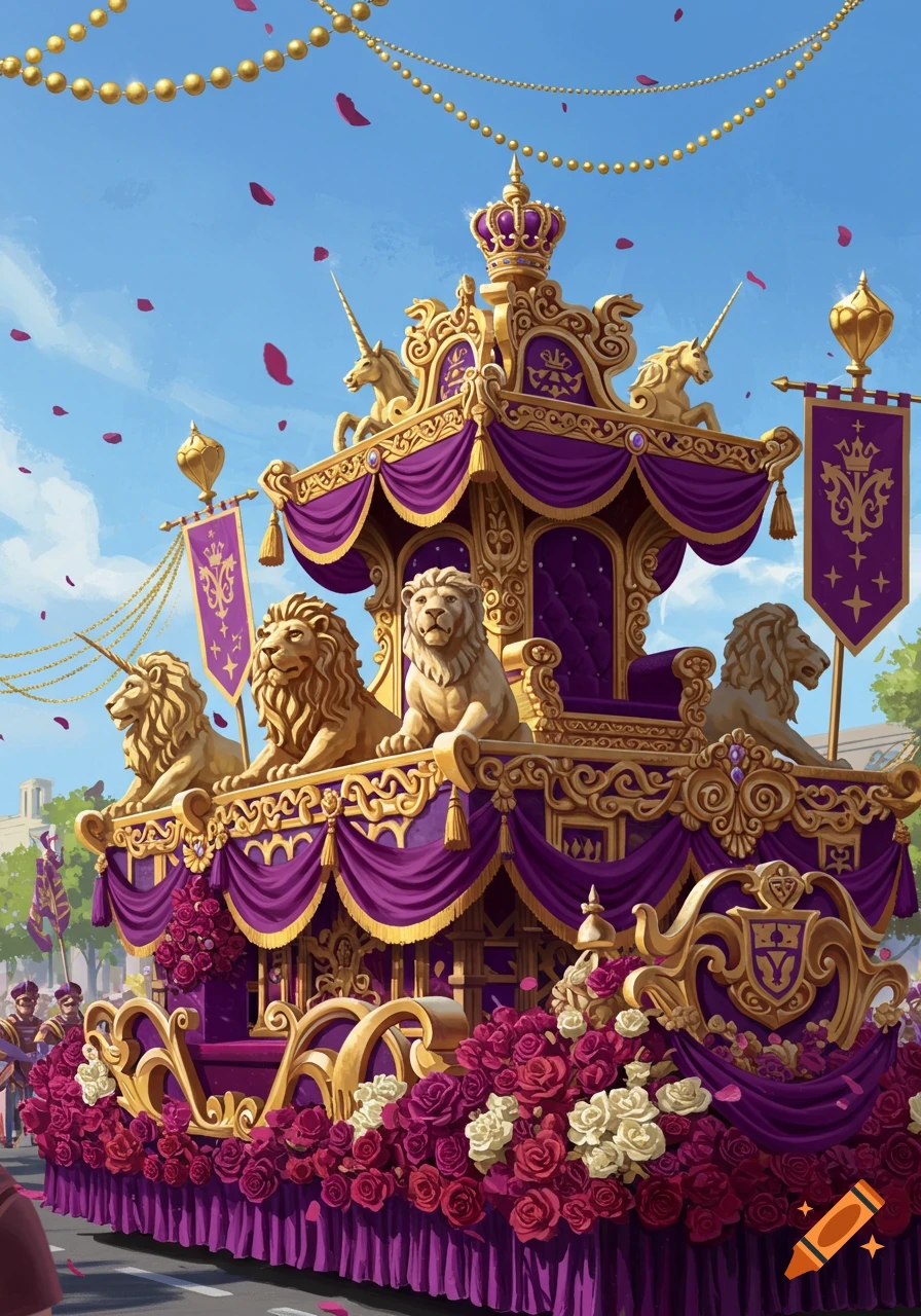 A regal purple and gold parade float, adorned with lion and unicorn statues, crowns, and an abundance of red and white roses.