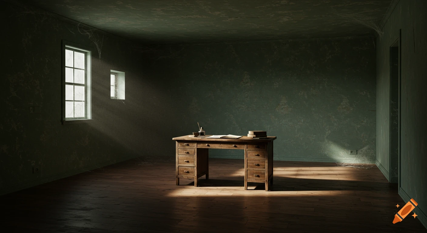 Dim, abandoned room with green walls and wooden floor. Sunlight streams through windows, illuminating dust and a vintage desk with papers and an inkwell.