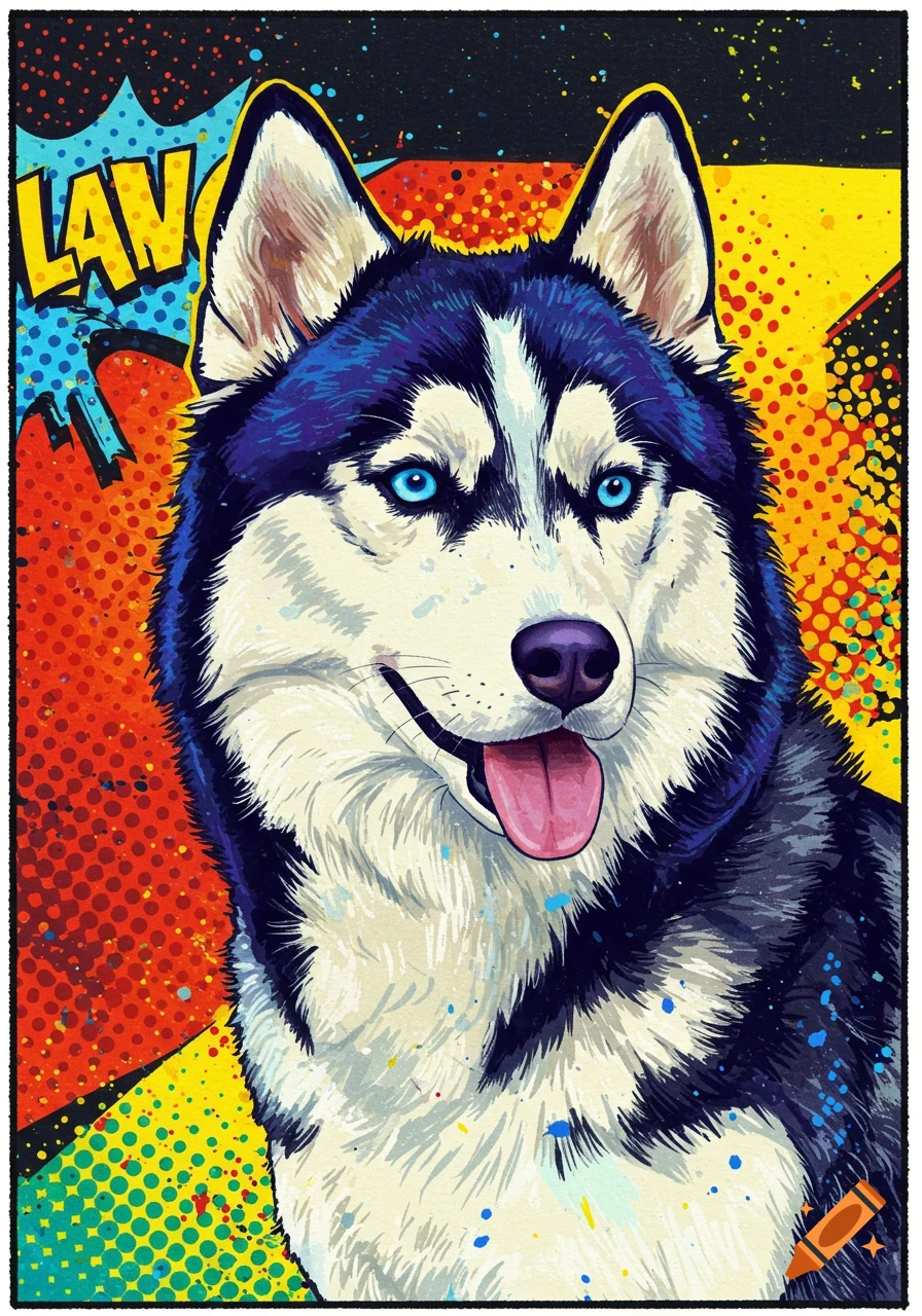 A vibrant pop art husky with blue eyes, tongue out, against a colorful dotted background with a 'LAV' speech bubble.