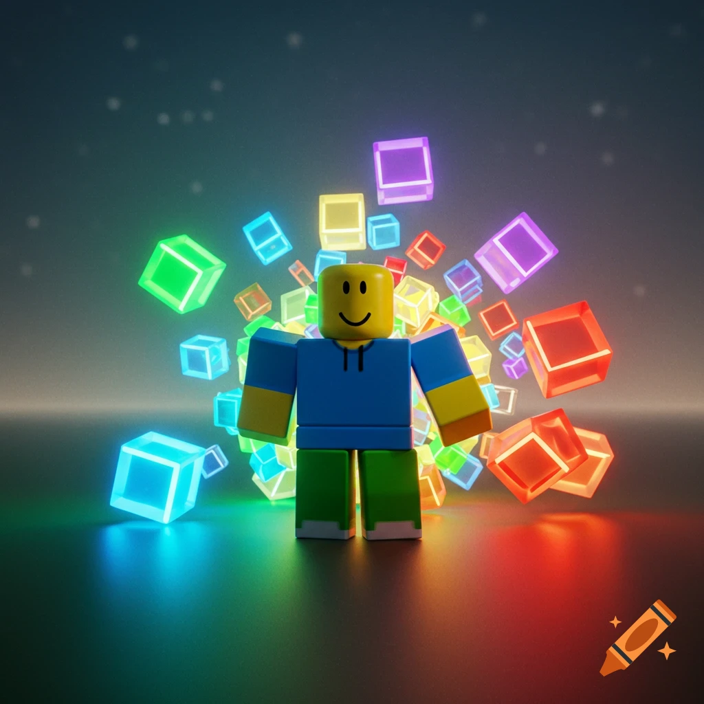 A vibrant 3D render of a Roblox noob character standing amidst many glowing, colorful cubes.