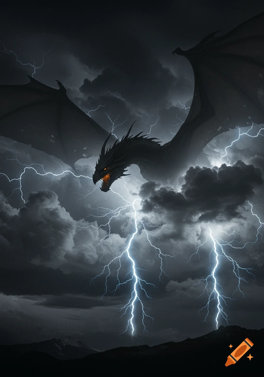 A dark dragon silhouette with glowing amber eyes soars through a stormy sky lit by bright lightning bolts.