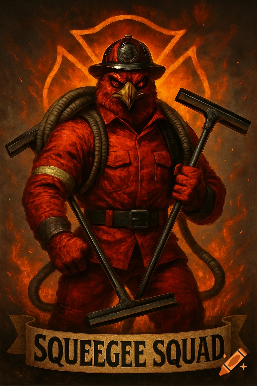 A muscular red hawk firefighter in a helmet, with a hose and two squeegees, stands before a fiery Maltese cross with "SQUEEGEE SQUAD" on a banner.