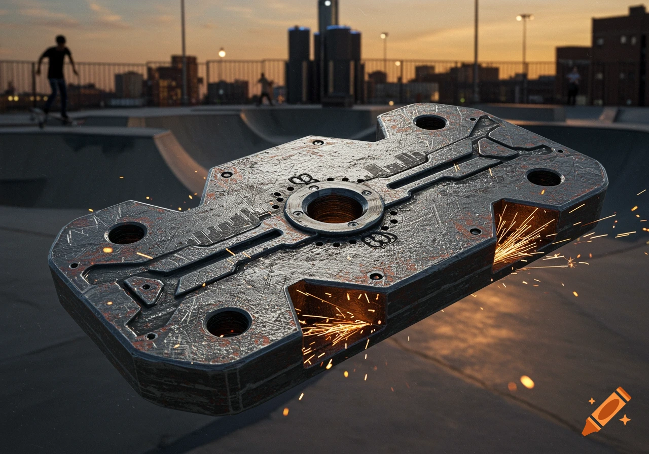 A heavily textured metal grind plate with sparks flying from its sides, floating in a skatepark at sunset.