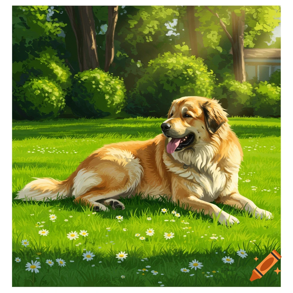 A golden retriever dog lies on a green, sunny lawn filled with small white flowers. Lush trees are in the background, in an illustrated style.