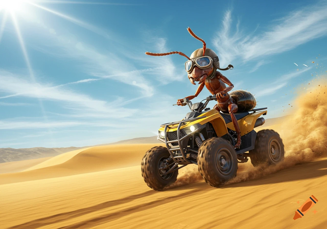 A cartoon ant wearing a helmet and goggles rides a yellow ATV across desert dunes, kicking up sand under a bright sun.