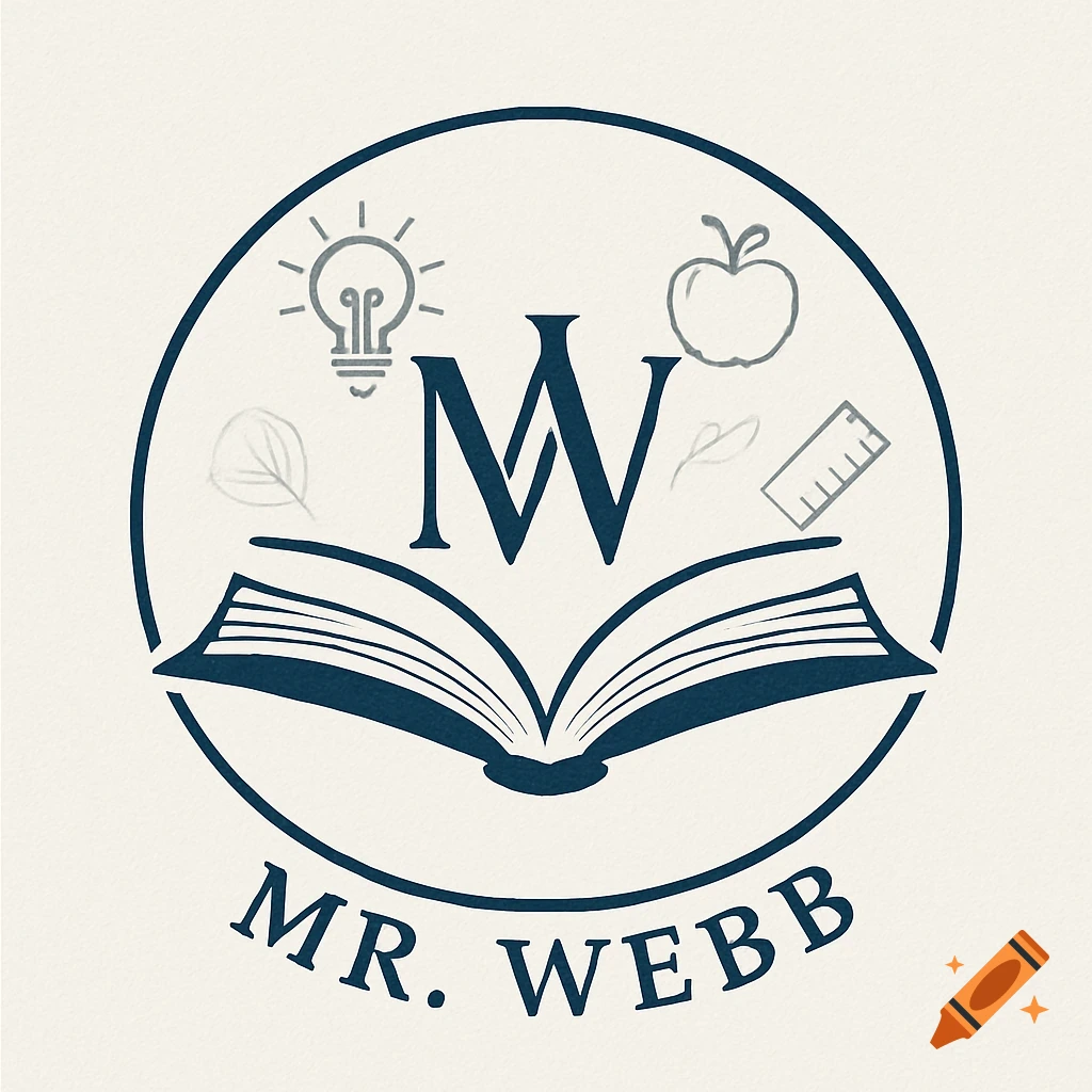 A circular logo for Mr. Webb featuring an open book, the initials MV, a lightbulb, apple, leaf, and ruler on a cream background.