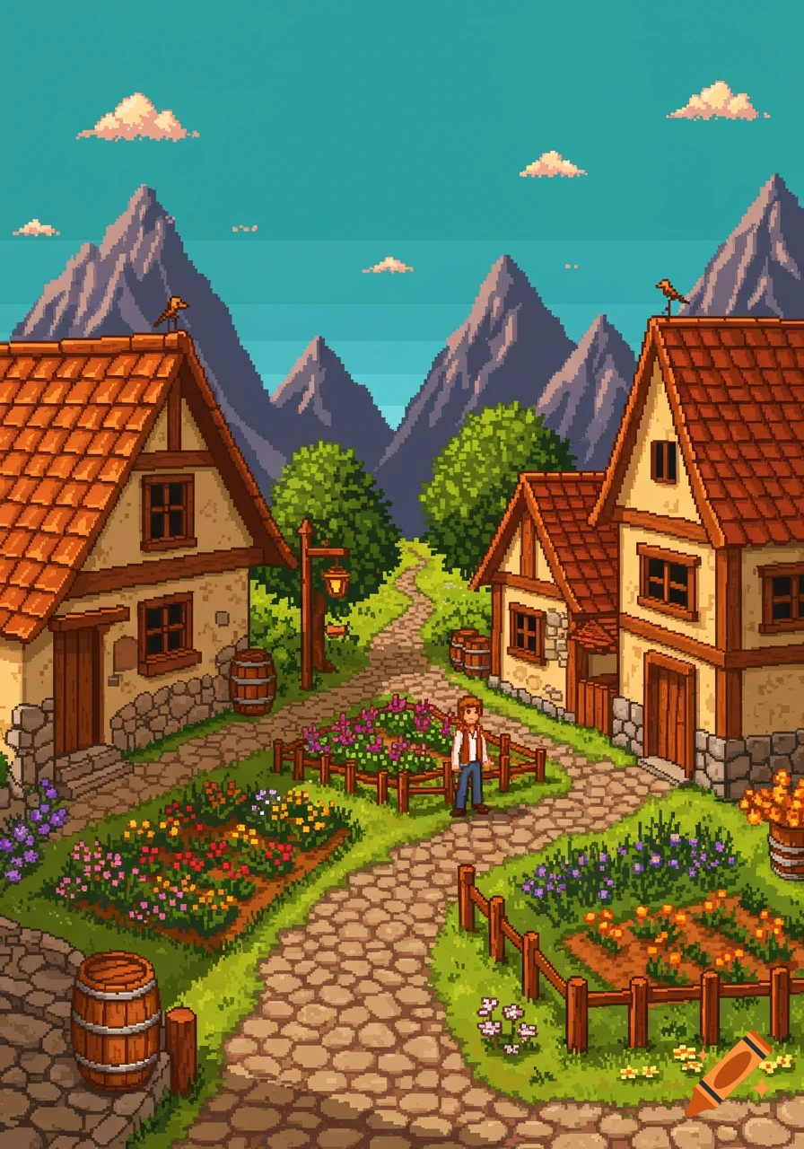 A colorful pixel art scene of a village with houses, vibrant flower gardens, a winding path, and towering mountains in the background.