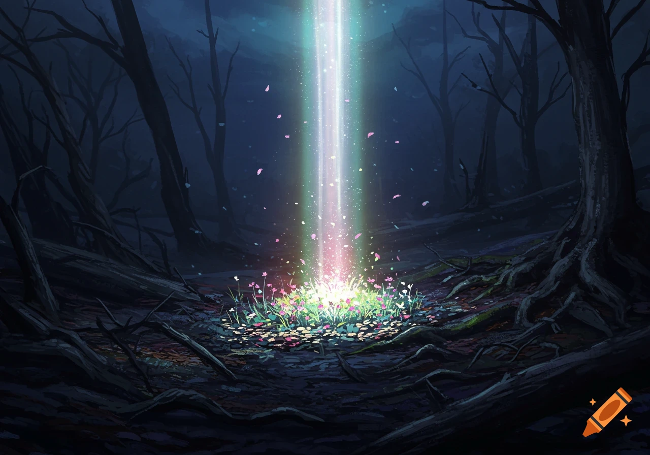 A vibrant beam of rainbow light illuminates a patch of colorful flowers in a dark, stylized forest.