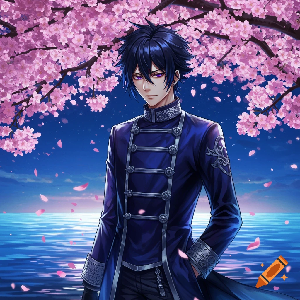 Anime-styled male character with dark hair and purple eyes in a blue military-style coat standing under pink cherry blossoms by a moonlit lake.