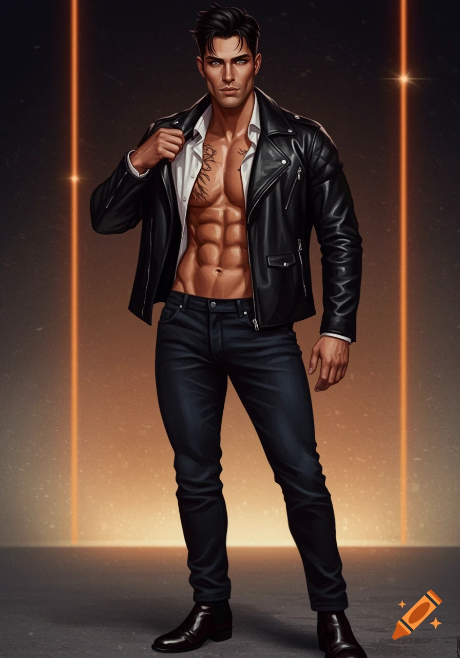 A tall, athletic man with a shredded physique wearing a black leather jacket, white shirt, and dark jeans stands confidently.