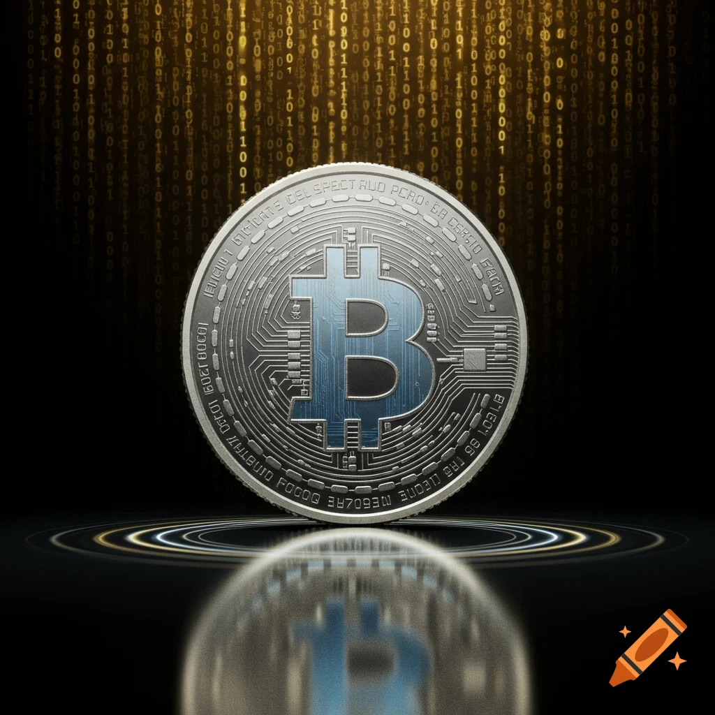 A detailed silver Bitcoin-like crypto coin with a blue symbol on a reflective surface, set against a golden digital binary code background.