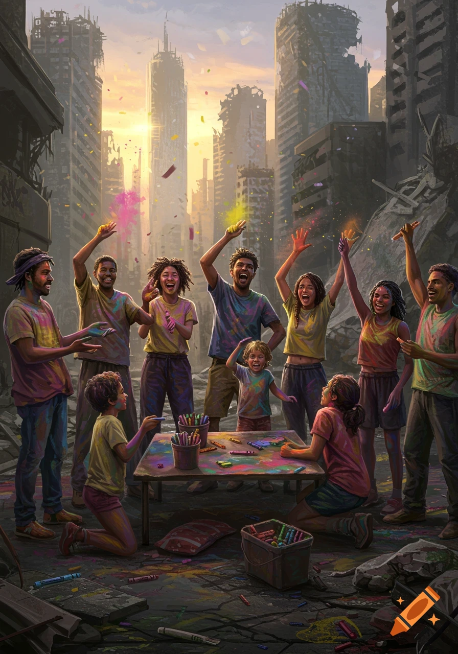 A diverse group of people, including children, celebrate with colorful powder and crayons in a ruined post-apocalyptic city.