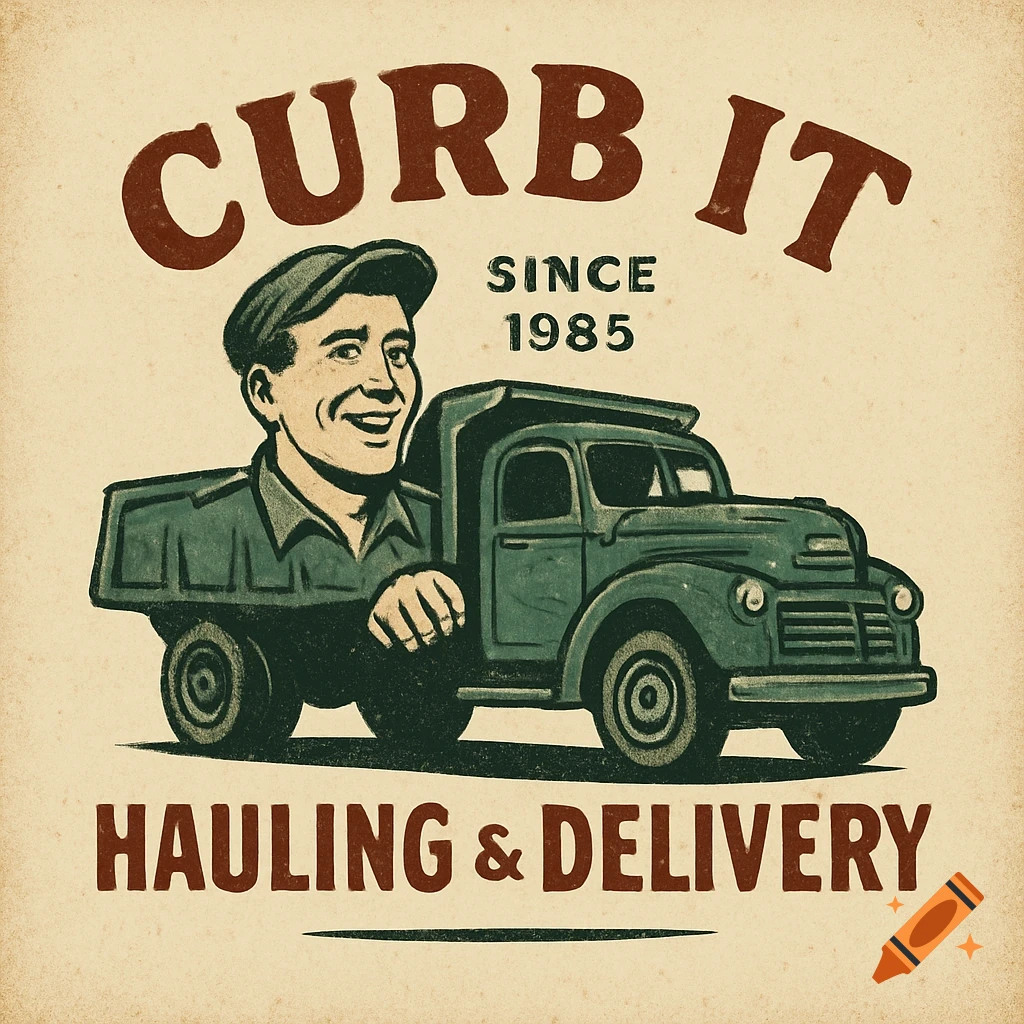 Vintage-style logo for 'Curb It' featuring a cheerful man driving a classic green dump truck with text 'Curb It', 'Since 1985', and 'Hauling & Delivery' on a cream background.