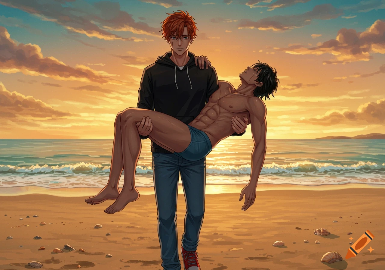 An anime man in a black hoodie carries another muscular man in blue briefs on a beach at sunset.