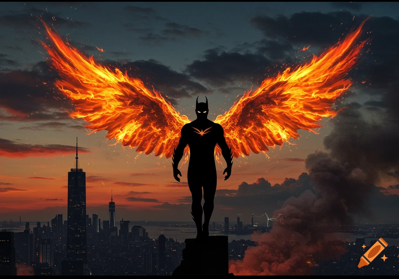 A black superhero silhouette with large, bright orange fire wings stands atop a building overlooking a city skyline at sunset.