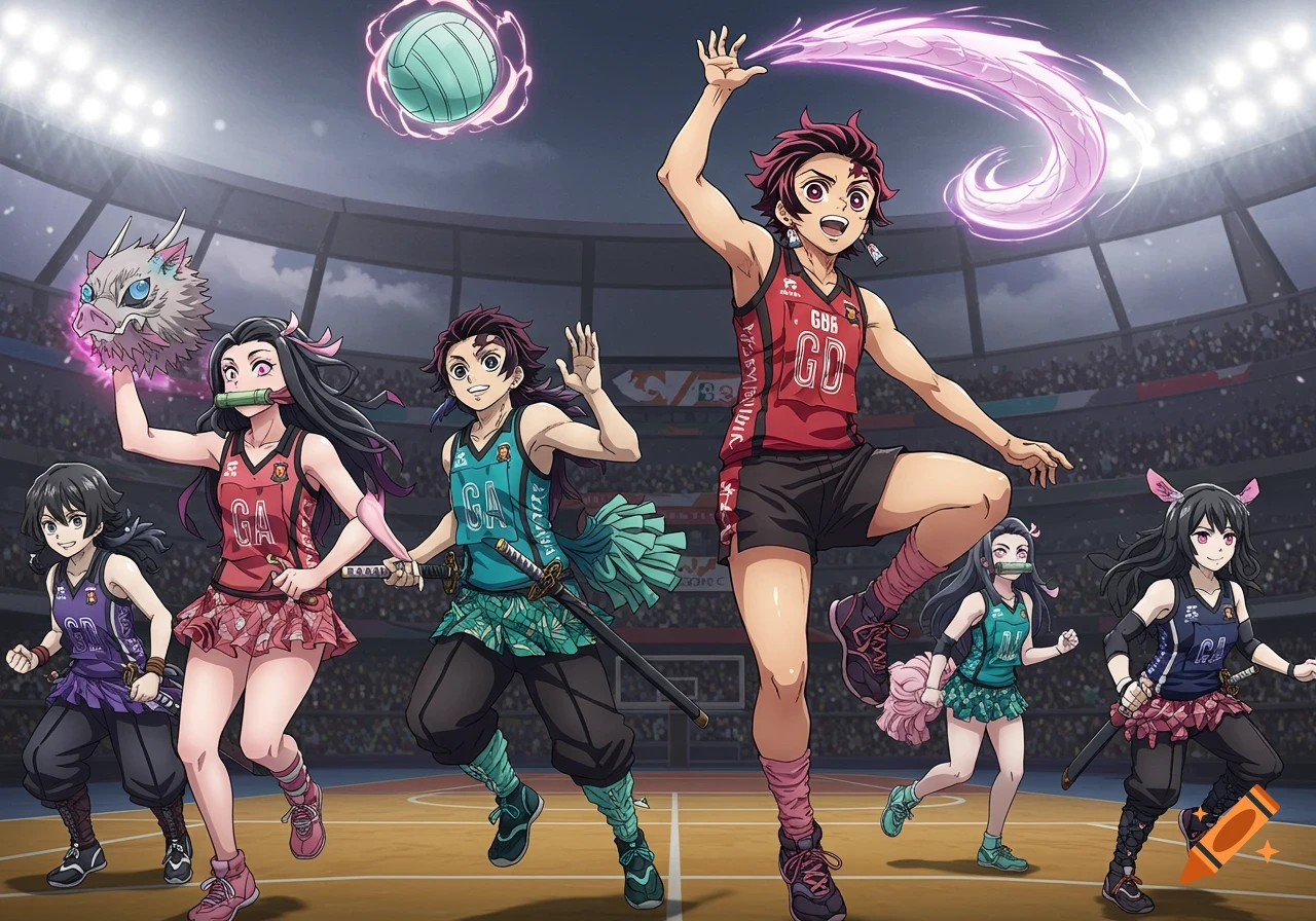Demon Slayer characters play netball in a lively indoor stadium.