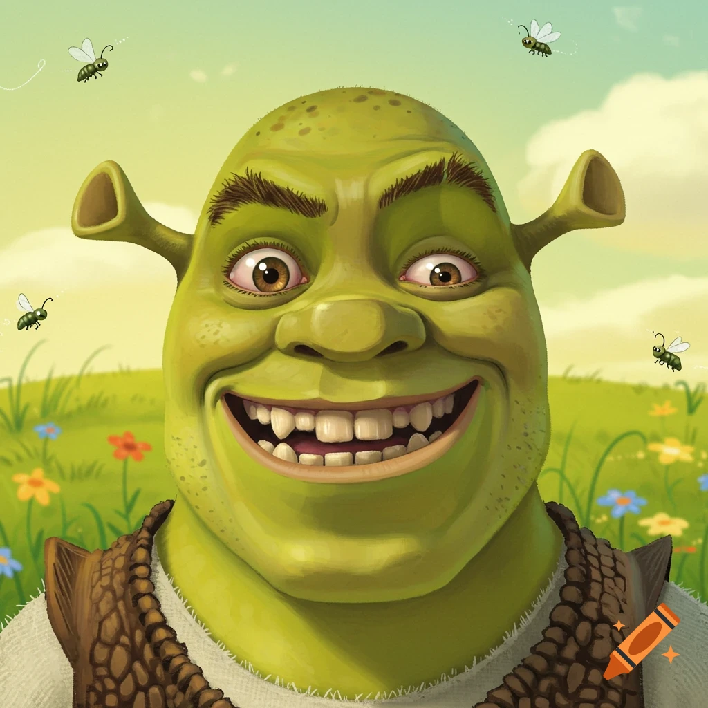 A close-up, cartoonish illustration of a green ogre with a wide goofy smile and wide eyes, in a sunny field with flowers and flies.