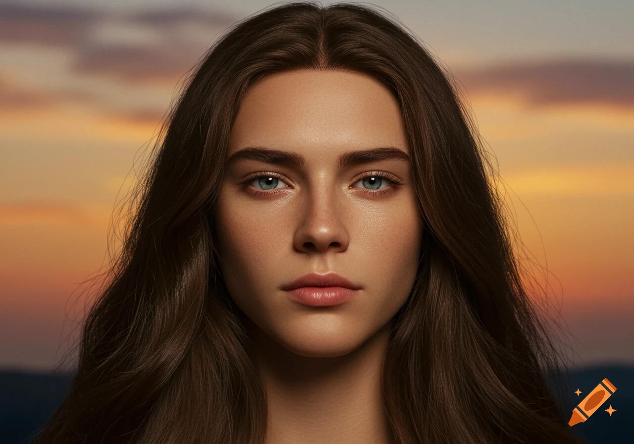 Photorealistic close-up portrait of a woman with long brown hair and blue eyes against a blurred golden hour sky.