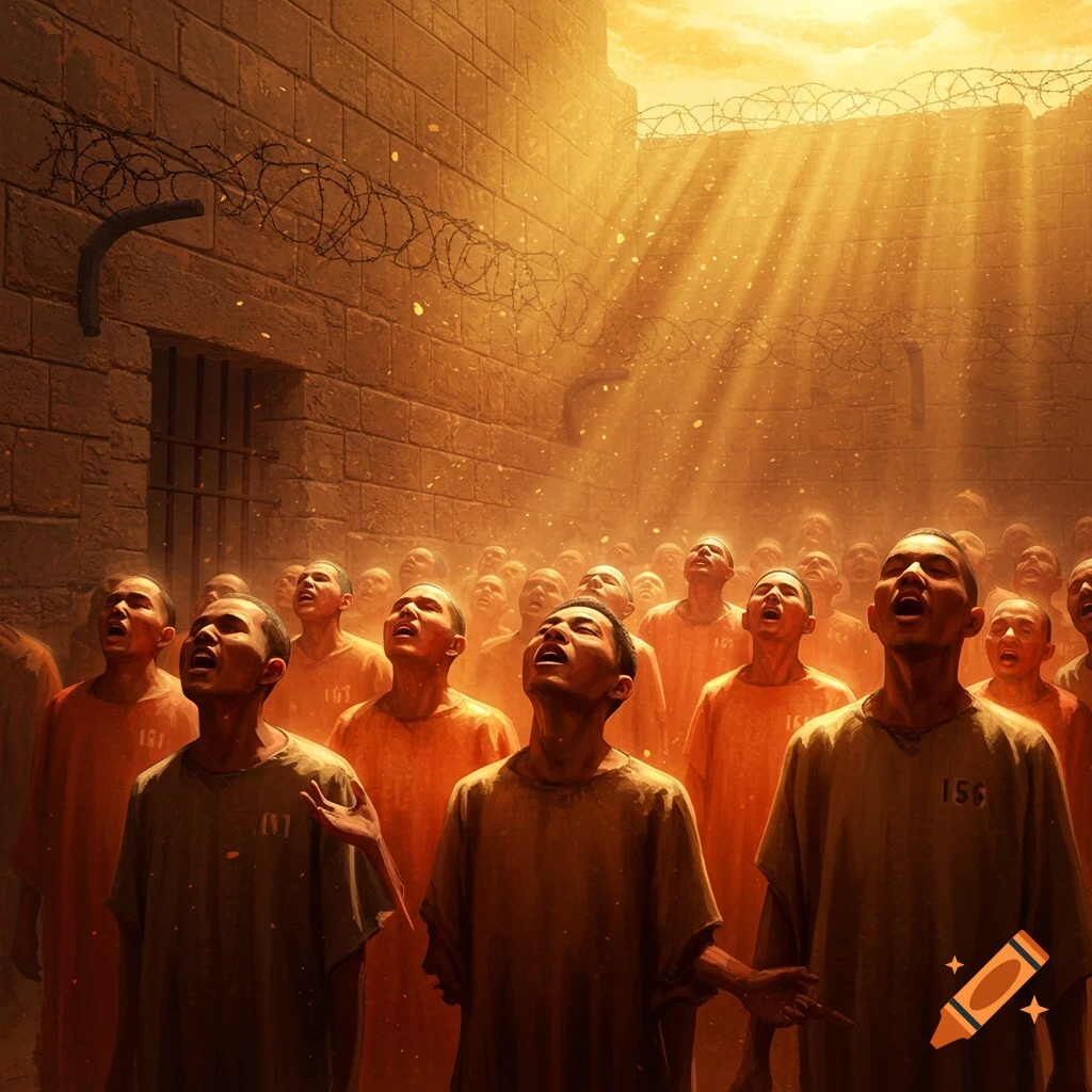 A large group of prisoners in a stone prison yard gaze up at dramatic rays of golden light shining down from the sky.