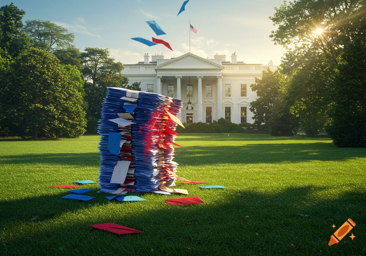 A towering stack of blue and red envelopes sits on the White House lawn under a bright, sunny sky, with more envelopes flying in the air.