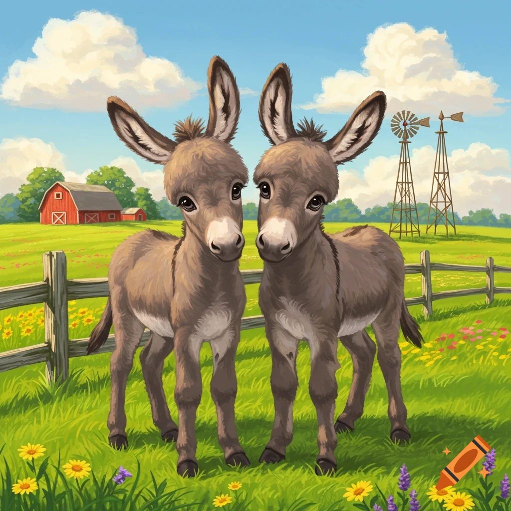 Two cute cartoon donkeys stand in a green field with a red barn and windmills in the background under a blue sky.