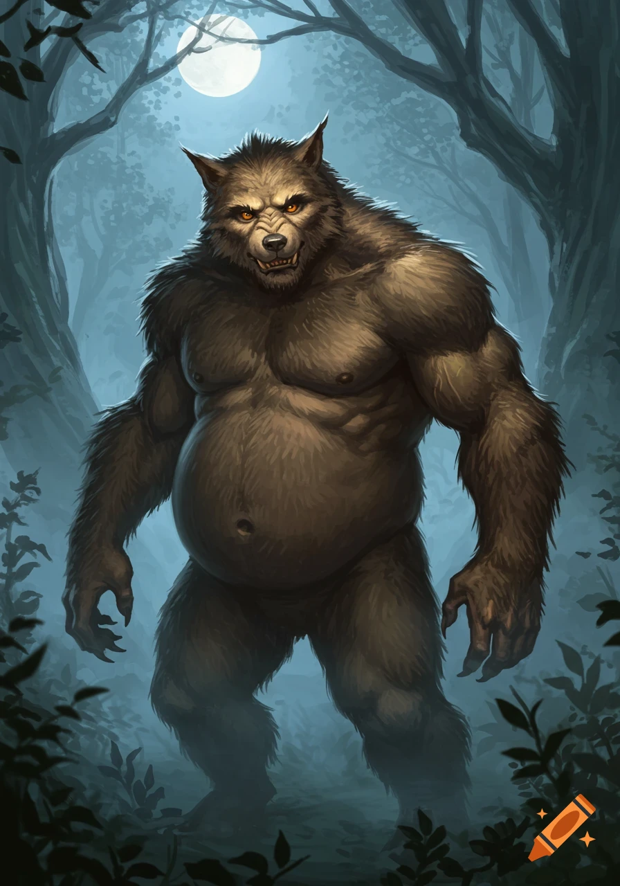 A furry, muscular werewolf with a large belly stands in a moonlit forest.