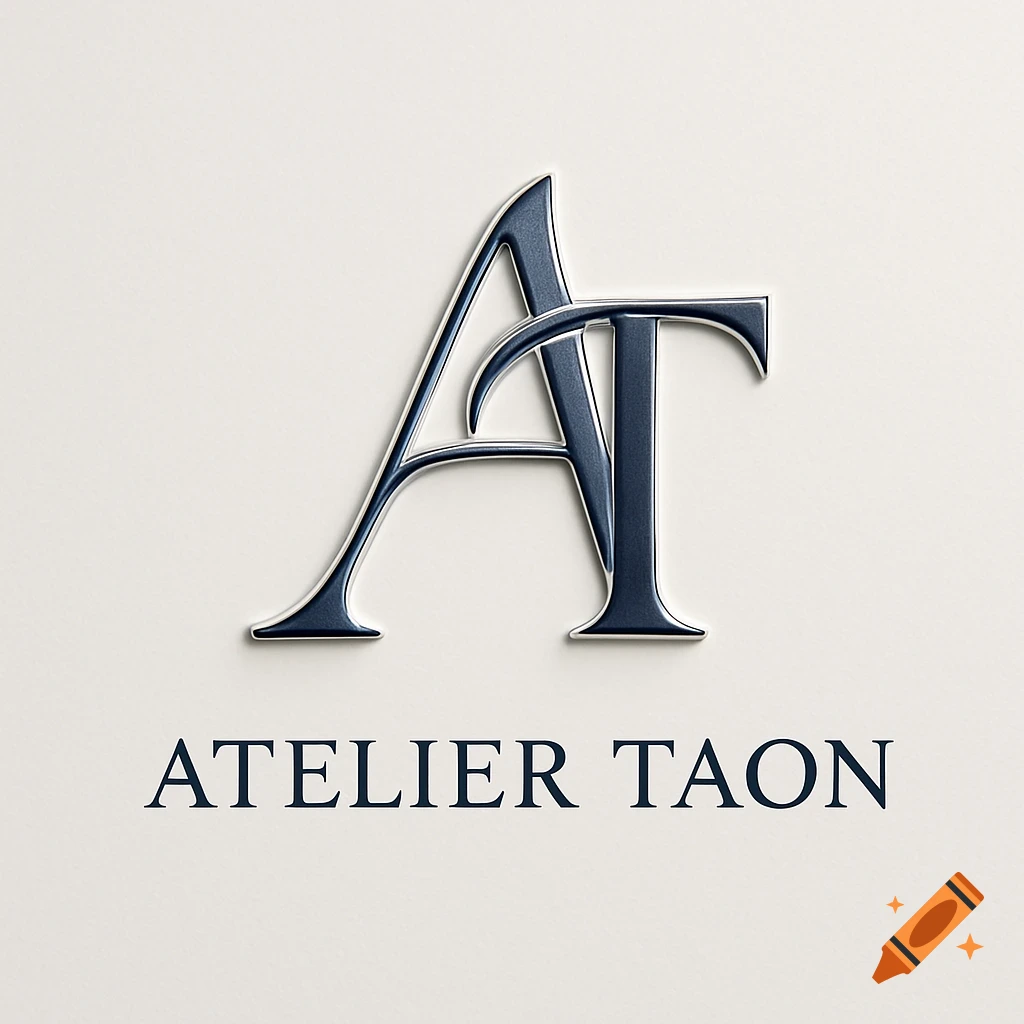 Stylized dark blue 'AT' monogram logo with embossed effect above 'ATELIER TAON' text on a light background.