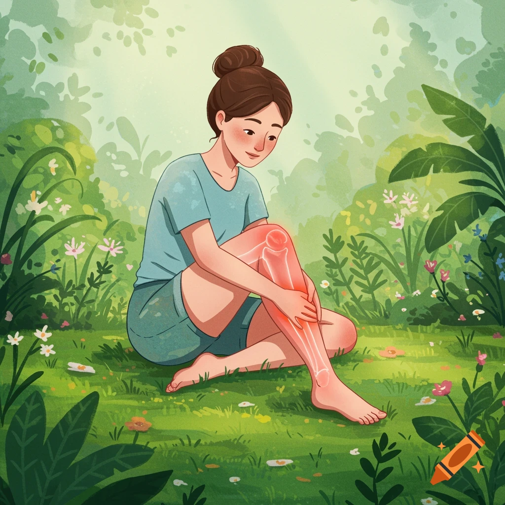 Animated illustration of a woman sitting in a lush green garden, touching her leg, with her knee and lower leg bones highlighted in red to show pain.