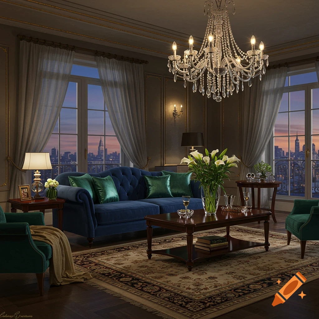 Photorealistic luxurious living room with blue velvet sofa, green armchairs, crystal chandelier, and city skyline view at dusk.