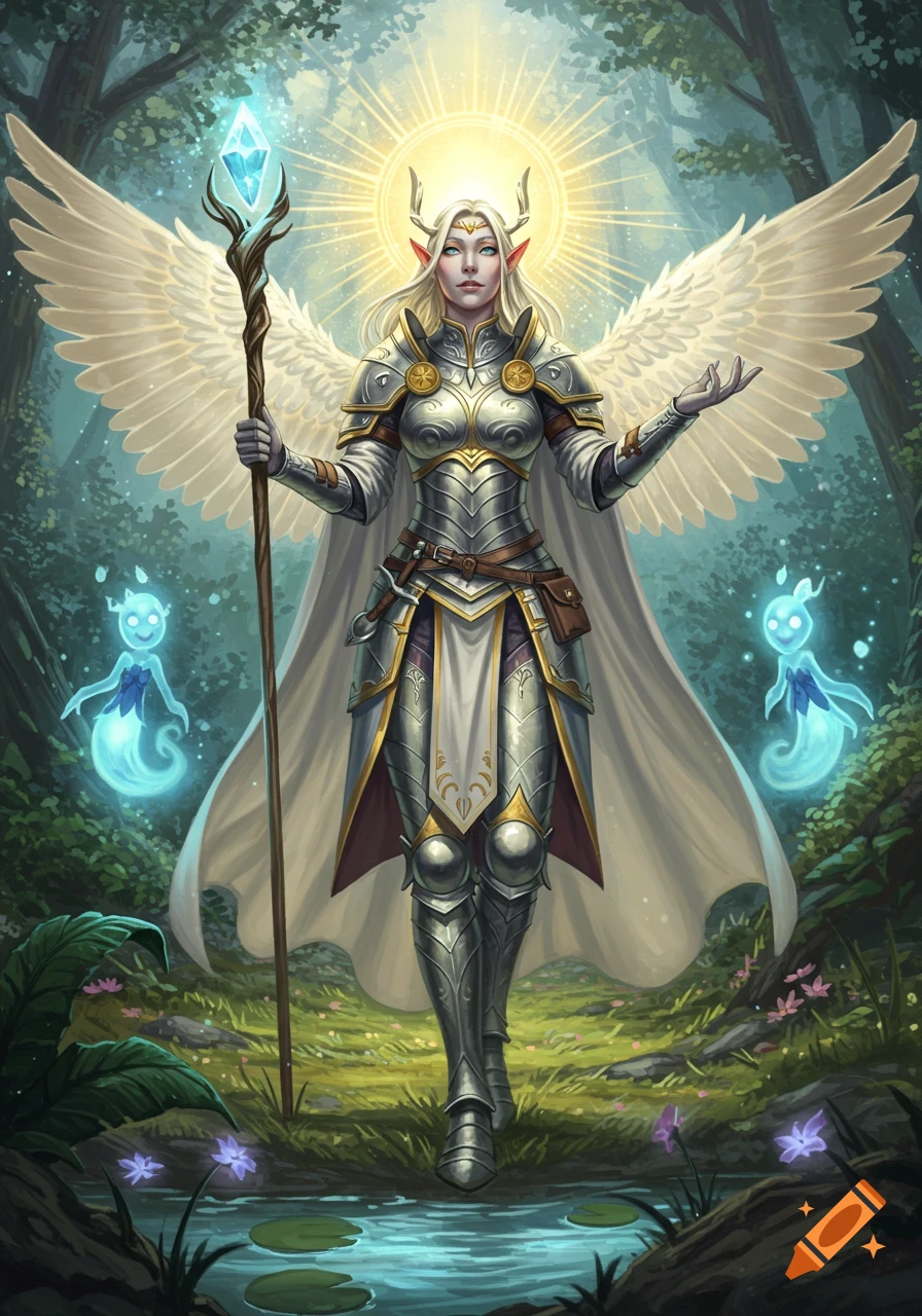 An angelic blonde female Aasimar in shining armor with white wings stands in an enchanted forest, holding a glowing staff, with two blue spirits.