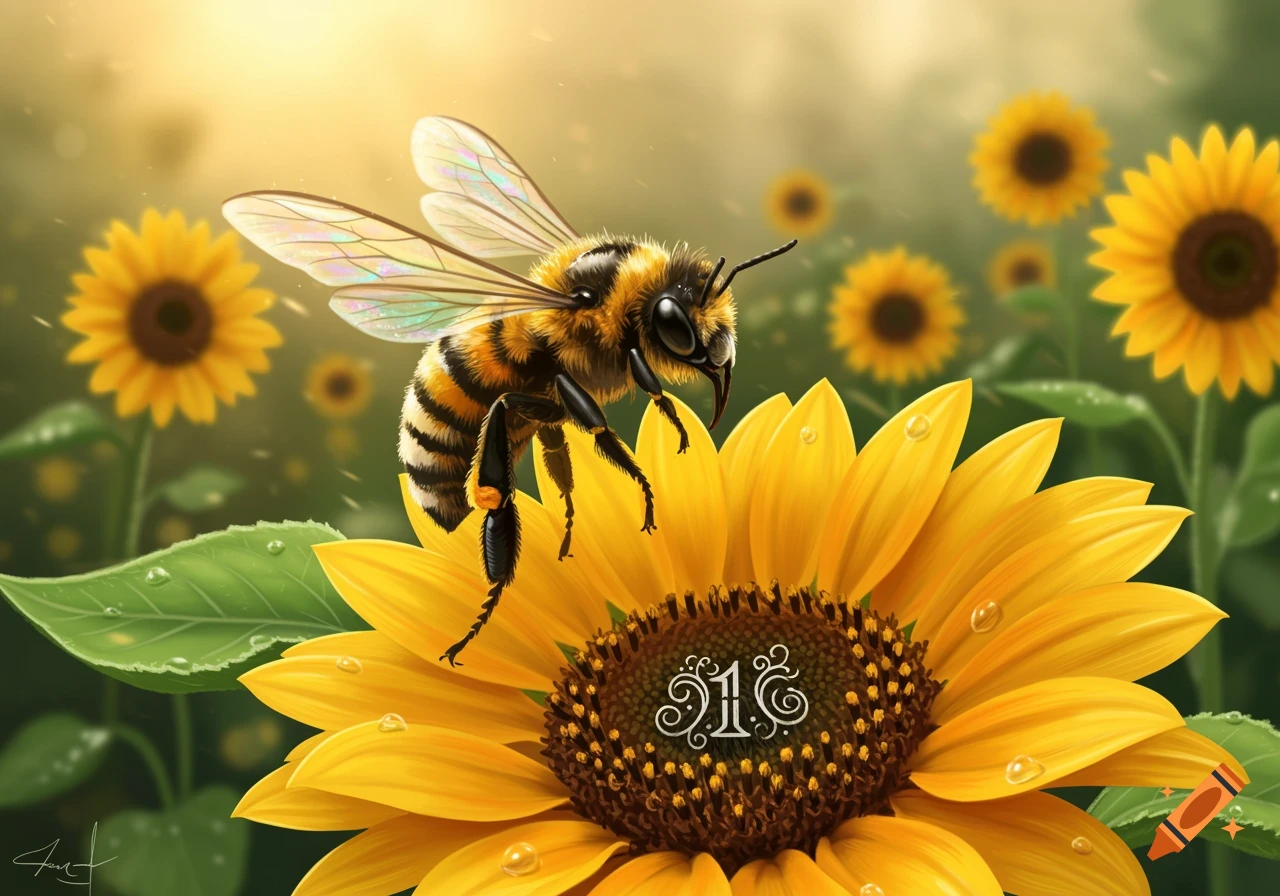 A bee with iridescent wings rests on a bright yellow sunflower with dew drops. Other sunflowers are blurred in the sunny background.