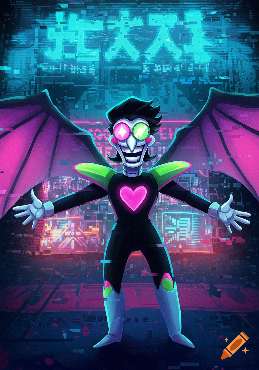 Spamton NEO from Deltarune stands with open arms against a neon cyberpunk cityscape background with glitch effects and glowing Japanese text.