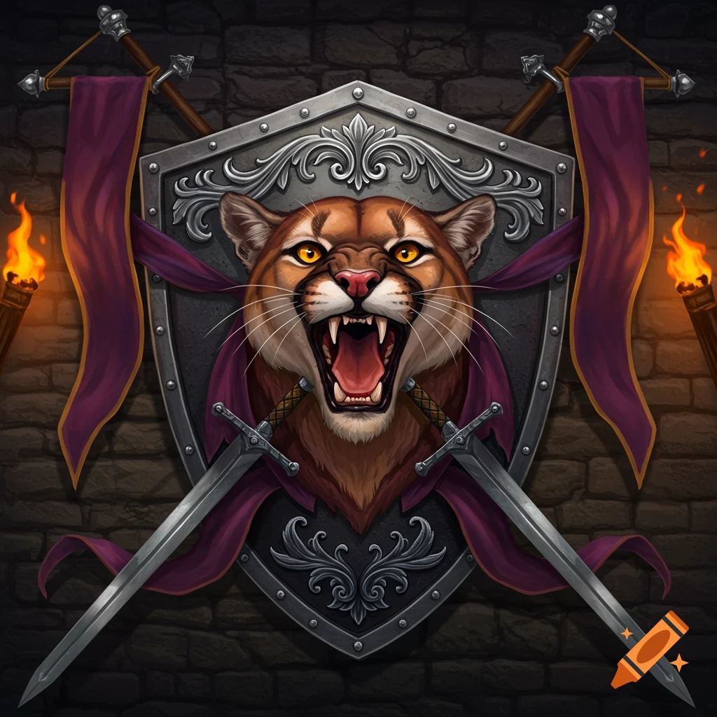 A detailed heraldic shield with a roaring cougar, crossed swords, purple banners, and flaming torches against a stone wall.