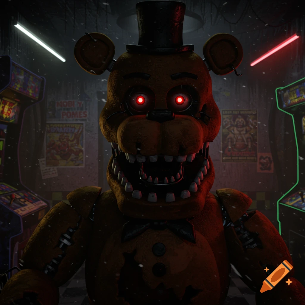 A menacing, worn brown animatronic bear with glowing red eyes and sharp teeth wears a top hat, standing in a dark arcade with neon lights.