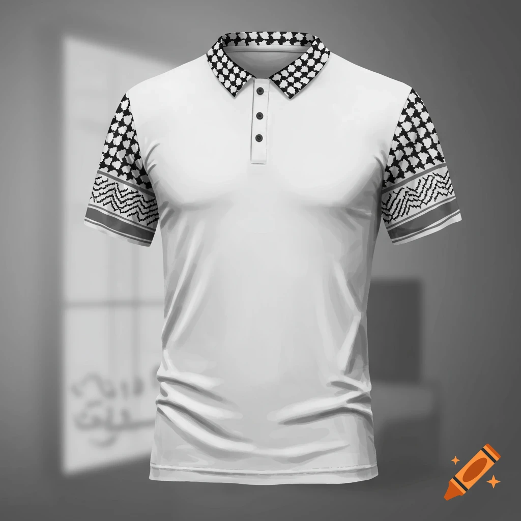 White polo shirt with black and white keffiyeh-patterned sleeves and collar on a grey background.