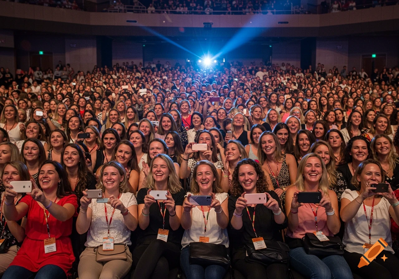 A large audience of women in an auditorium, smiling and holding up phones to take pictures of a stage with a bright spotlight.